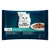 Purina Gourmet Perle Les Plaisirs de la Mer, 4x85g. Variétés : poisson de l’océan, carrelet, saumon, thon, toutes aux crevettes entières. Texte en néerlandais également visible.