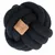 Zwarte knoop-speelbal van stof met bruin leren label, opschrift 'Modern Living'.
