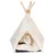 Beiges Tipi-Zelt mit Holzstangen und weichem Kissen, Katze liegt darin. Haustierzubehör für gemütliche Rückzugsorte.