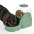 Green feeder with transparent container filled with dry food. A dog is eating from the lower bowl.