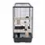Cage with metal mesh walls, three wooden platforms and feeding bowls. Black plastic tray as base.
