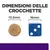 Dimensioni delle crocchette: diametro 13,5 mm a confronto con un dado blu da 16 mm. Testo visibile: 'DIMENSIONI DELLE CROCCHETTE', '13.5 mm', '16 mm'.