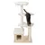 Cat tree with four levels, sisal posts and padded resting areas. Integrated wooden cave. Cat demonstrating use of the cat tree.