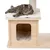 Wooden cat house with padded lying surface and scratching post. Cat lying on the top surface, lower area as a retreat with soft padding.