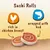 Sushi Rolls, rich in chicken breast, wrapped with cod. Text v angličtine: rich in chicken breast, wrapped with kod. Zobrazené dve rolky s mäsovou špirálou.
