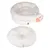 White, round pet bed with removable cushion and pink paw print design. Fluffy material, suitable for comfort and warmth.