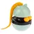 Toy in cat shape with green casing, yellow plush tail and three yellow balls. Suitable for interactive play.