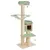Cat tree with multiple levels, green cushions and hammock. Includes cave, resting areas and toy hanger.