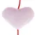 Soft pink heart-shaped plush toy with a red string attached at the top and bottom, fabric texture visible.