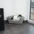 Grey cat litter tray with low entry, used by a black and white cat. Suitable for indoor rooms with tiled floor.