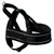 Black padded dog harness with reflective strip, metal ring for lead attachment, and adjustable straps. Small green label visible on top strap.