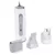 Electric grooming tool with three interchangeable attachments: trimmer, file and clipper head. USB port visible.