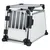 Metal and plastic transport crate with barred front door, solid side panels, and reinforced corners, suitable for secure pet transportation in vehicles.