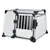 Metal and plastic transport crate with a barred front door, angled sides, and secure locking mechanism, suitable for safe pet transportation in vehicles.