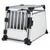 Metal and plastic transport crate with barred front door, solid side panels, and reinforced corners, suitable for secure pet transportation in vehicles.