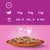 Feeding guide showing daily portions by weight: 3kg needs 2½–3 pouches, 4kg needs 3½–4, 5kg needs 4–4½. One pouch equals 16g dry food.