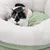 Schwarz-weisse Katze liegt in einem runden, flauschigen Katzenbett mit weissem Rand und grünem Innenpolster.