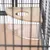 Corner platform made of wood with round cut-out and transparent acrylic wall, mounted in a metal cage.