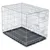 Metal wire pet crate with a removable black tray at the base, shown empty and fully assembled.