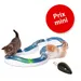 Circuit de jeu pour chatons en plastique bleu et blanc, balle verte visible à l’intérieur, souris noire avec chaîne. Pastille rouge : Prix mini.