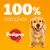 Text reads '100% complete' with the word 'Pedigree' on a red ribbon, shown next to a dog. Indicates product is fully balanced according to the image.