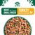 Adult small breed, 1-7 years. Turkey with rice and vegetables. Image shows chunks of food with peas, carrots, and rice in a bowl.