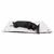 Dog lying on white, rectangular mat with black underside. Product shows use of a pet mat.