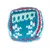 Pelota tejida en azul, blanco y rojo con diseño decorativo. Adecuada como juguete o accesorio.