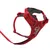 Red dog harness with adjustable straps, padded sections and metal clip for leash attachment.