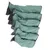 Cinq manteaux pour chien verts avec doublure grise, présentés côte à côte en différentes tailles. Fermeture éclair et cordon visibles sur chaque manteau.