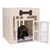 Holz-Hundehütte mit Plexiglasfenstern, Knochen-Dekor auf der Oberseite, offene Tür und Dackel im Inneren. Marke Modern Living sichtbar.
