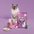 Gato ao lado de vários alimentos para gatos da marca Lily's Kitchen: saco 'Senior Recipe', seleção de patés 'Smooth Paté Selection' e latas pequenas. Texto visível em inglês.