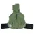 Manteau imperméable vert pour chien avec capuche, fermeture éclair noire sur le dos, bandes velcro noires sur les côtés, écusson rond gris visible en bas à gauche.