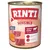 Lata de Rinti Sensible, texto visible: 100%* Rind + Süßkartoffel, nur 1 tierisches Protein, glutenfrei – optimal verträglich, NEU. Imagen de carne y boniato. Texto en alemán.