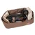 Braunes Hundebett mit weicher, beiger Polsterung. Ein schlafender Hund liegt darin. Logo 'NT' sichtbar auf der Vorderseite des Bettes.
