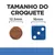 Tamanho do croquete: 12,5 mm de diâmetro comparado com um dado azul de 16 mm. Texto visível: 'TAMANHO DO CROQUETE', '12.5 mm', '16 mm'.