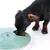 Dog eating from a green food dispenser with multiple openings. Product demonstrates use of dispenser for pets.