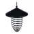 Black metal spiral-shaped feeder with hook and roof.