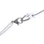 Close-up of a silver carabiner with a transparent plastic clasp on a white and black strap.