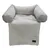 Grey, ribbed pet bed with raised sides and a blanket. Rectangular design made of soft fabric.