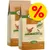 Two 10kg bags labelled 'Chicken with trout, Adult, cold-pressed' with a large yellow percentage discount symbol in the corner, indicating a special offer on this product. Two 10kg bags labelled 'Chicken with trout, Adult, cold-pressed' with a large yellow percentage discount symbol in the corner, indicating a special offer on this product.