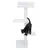 Arbre à chat blanc avec quatre plateformes, poteau central recouvert de sisal et coussin sur la plateforme supérieure, chat noir debout sur l'une des plateformes intermédiaires.
