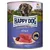 Happy Dog Sensible Pure Italy, Büffel Pur. Made in Germany. Wet food with buffalo meat, image of meat pieces and landscape in the background.