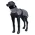 Manteau imperméable gris pour chien présenté sur un mannequin noir, fermeture à boucle visible sur le côté, col montant couvrant le cou.
