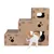 Katzenhaus aus Pappe mit drei Ebenen, Ausschnitten in Katzenform und Pfotenmuster. Eine Katze verlässt das untere Fach.