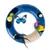 Round cat toy made of blue plastic with yellow balls, butterfly pendant, colourful feathers and sisal rope. Includes scratching surface and interactive elements.