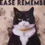 Schwarz-weisse Katze mit gelbem Halsband vor beigem Hintergrund. Text: 'Please remember'. Weitere Details nicht lesbar.