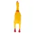 Jouet en forme de poulet jaune avec pattes et crête rouges, matière plastique visible, vu de dos sur fond blanc.