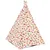 Tipi pour animaux avec structure en bois et toile imprimée de motifs pastèque, ananas, glaces et boissons. Ouverture à l’avant, tissu beige à motifs colorés visibles.