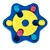 Giocattolo interattivo a forma di stella in plastica, blu e giallo, con scomparti colorati e simboli come ossa e cuori.